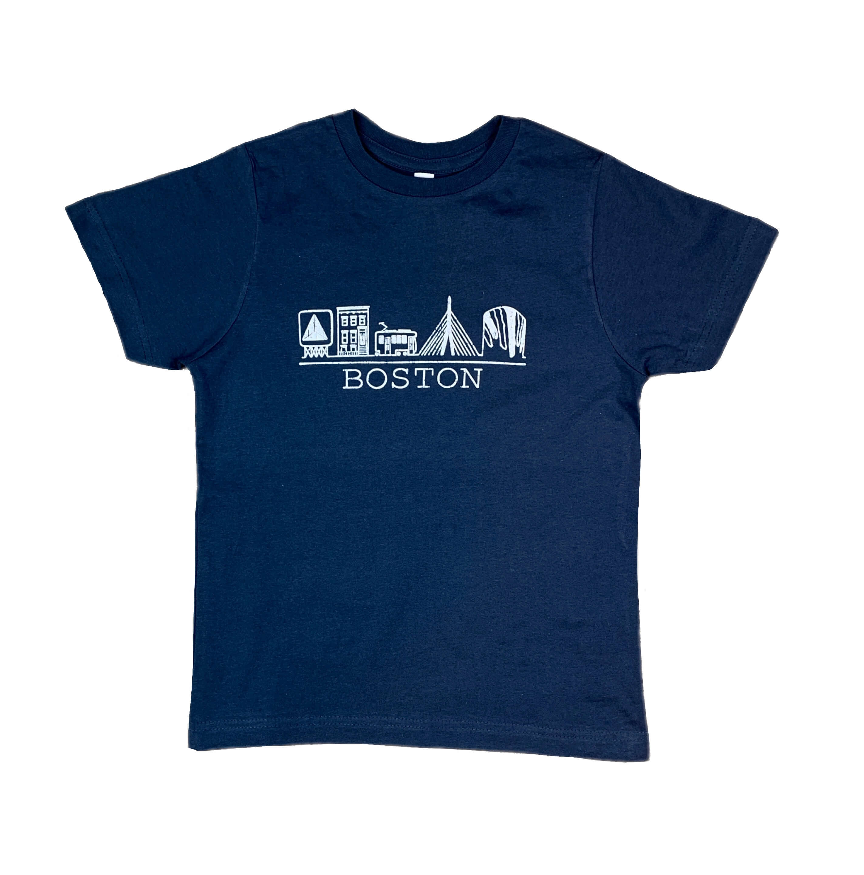 Blue cotton kids t-shirt with white chest graphic containing hand drawn Boston Massachusetts familiar sights